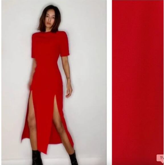 ZARA Red Bodycon Dress Crew Neck Double Slit Short Sleeve 2636 703 Size Small S - Picture 10 of 10